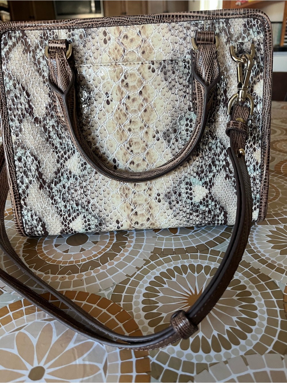 Brahmin Snake-Print Satchel in Brown and Cream
